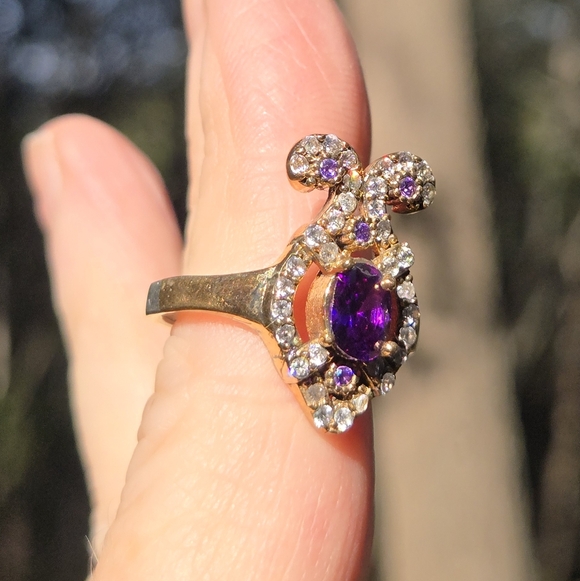 Amethyst 4k & Topaz Elegant Fleur-de-lis style Sterling & Gold ring sz 7.75 - Picture 8 of 11